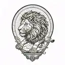 lion silhouette walking along horizon In the background with sun in sky tattoo design idea