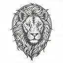 lion silhouette walking along horizon In the background with sun in sky tattoo design idea