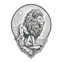 lion silhouette walking along horizon In the background with sun in sky tattoo design idea