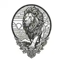 sun rise,  sky, lion walking sidewards tattoo design idea