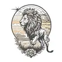lion silhouette walking along horizon In the background with sun in sky tattoo design idea