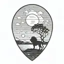 lion silhouette walking along horizon In the background with sun in sky tattoo design idea