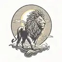 lion silhouette walking along horizon In the background with sun in sky tattoo design idea