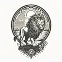 lion silhouette walking along horizon In the background with sun in sky tattoo design idea