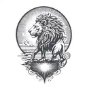 lion silhouette walking along horizon In the background with sun in sky tattoo design idea