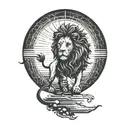 lion silhouette walking along horizon In the background with sun in sky tattoo design idea