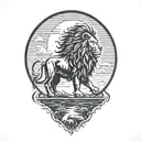 lion silhouette walking along horizon In the background with sun in sky tattoo design idea