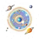 Galaxy-themed solar system with planets and stars arranged in the golden ratio tattoo design idea