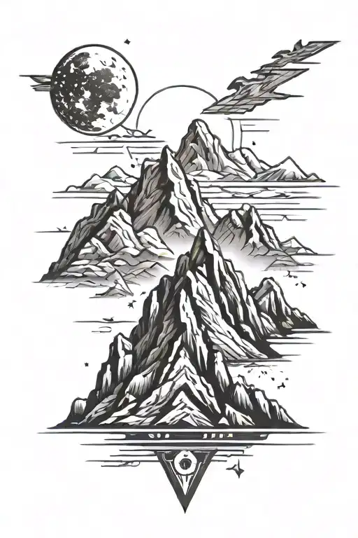 A tattoo design of a mountain range with a small star wars republic symbol hidden within the peaks, showcasing your passion for sci-fi and adventure tattoo design idea