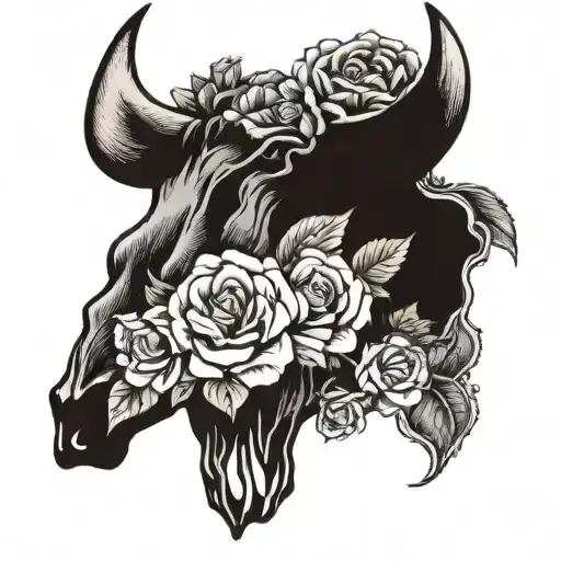 a bull skull with one horn made of flowers. I want 2 roses, 1 sunflower, 1 periwinkle, 1 cosmos. 1 rose on side skull   tattoo design idea