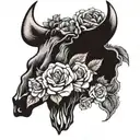 a bull skull with one horn made of flowers. I want 2 roses, 1 sunflower, 1 periwinkle, 1 cosmos. 1 rose on side skull   tattoo design idea
