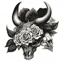 a bull skull with one horn made of flowers. I want 2 roses, 1 sunflower, 1 periwinkle, 1 cosmos. 1 rose on side skull   tattoo design idea