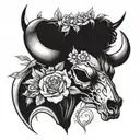 a bull skull with one horn made of flowers. I want 2 roses, 1 sunflower, 1 periwinkle, 1 cosmos. 1 rose on side skull   tattoo design idea