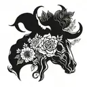 a bull skull with one horn made of flowers. I want 2 roses, 1 sunflower, 1 periwinkle, 1 cosmos. 1 rose on side skull   tattoo design idea