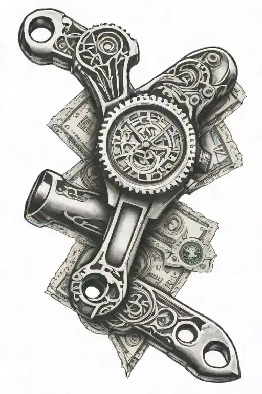 wrench with a Rolex and $100 bills tattoo design idea