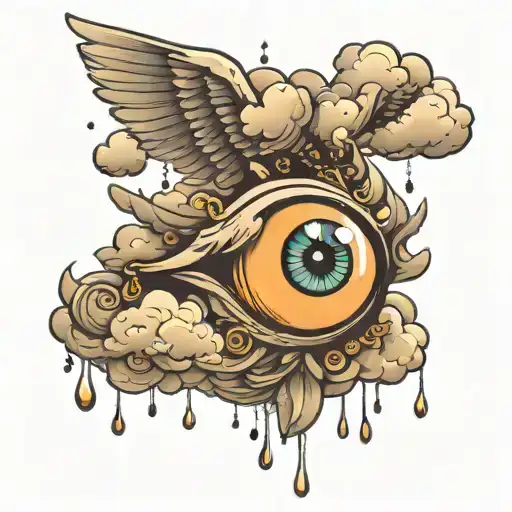 clouds with wing and eye with tear drops falling tattoo design idea