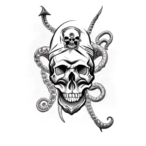 skull pirate with ship wheel and squid tattoo design idea