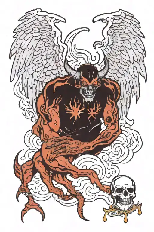 demon melting off the side of an angel holding alcohol and drugs to represent sobriety tattoo design idea