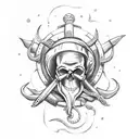 skull pirate with ship wheel and squid tattoo design idea
