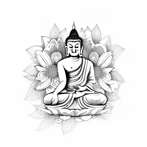 A sketch-style design featuring a tranquil Buddha sitting on a branch with birds and flowers tattoo design idea