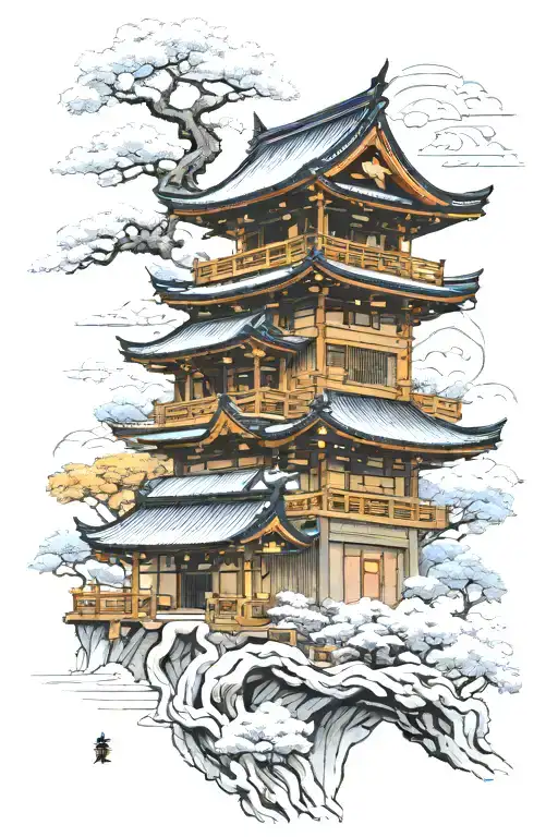 Japanese style temple architecture forming tattoo design idea