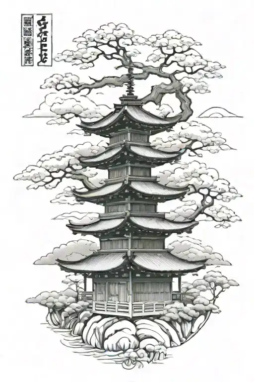 Japanese style temple architecture forming tattoo design idea