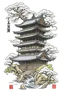 Japanese style temple architecture forming tattoo design idea