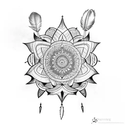 A dream catcher with arrows, feathers, and a lotus flower in the center tattoo design idea