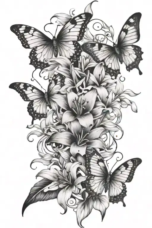 butterflies and lillies forarm symmetrically tattoo design idea