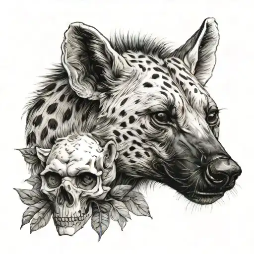 Hyena with half skull visable. heavy botanical garden tattoo design idea