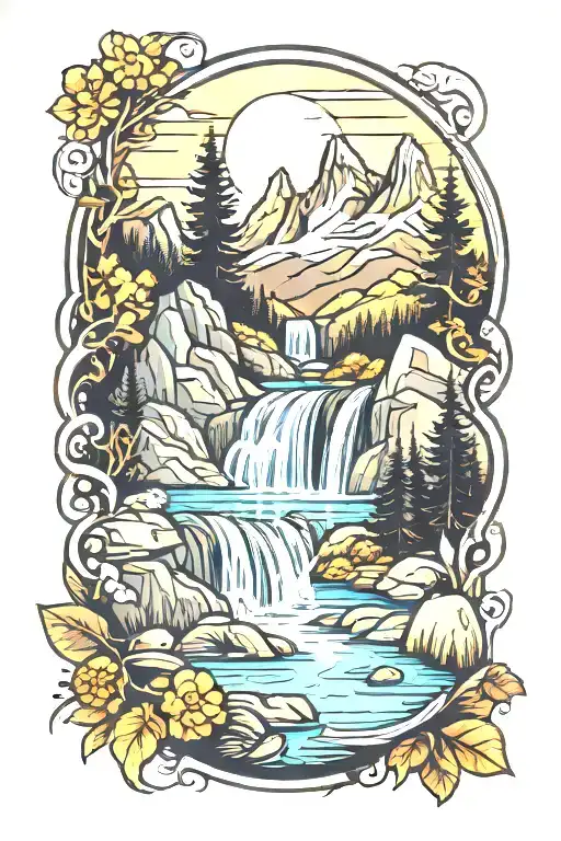 mountains waterfall animal reflection in water  tattoo design idea