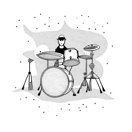 A DRUMMER SITTING BEHIND A DRUMSET AND HITTING HARD ON THE DRUMS.  tattoo design idea