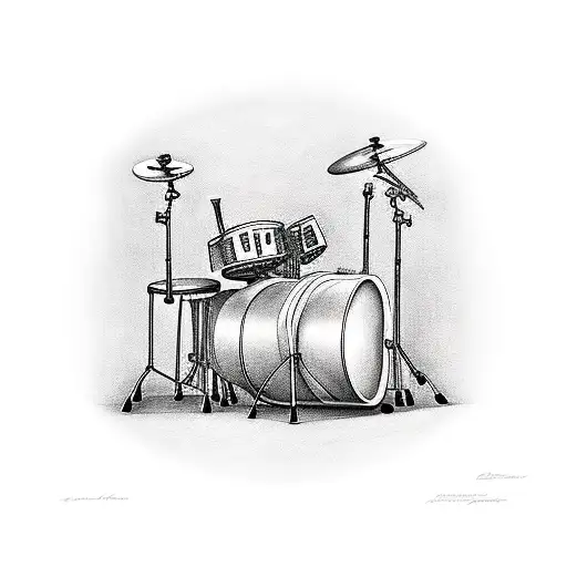 A DRUMMER SITTING BEHIND A DRUMSET AND HITTING HARD ON THE DRUMS.  tattoo design idea