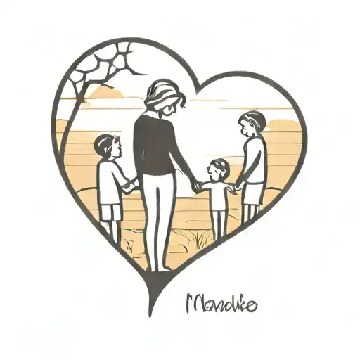 A traditional style tattoo of a mother and sons silhouette against a heart-shaped sunset tattoo design idea