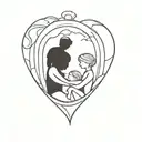A traditional style tattoo of a mother and sons silhouette against a heart-shaped sunset tattoo design idea