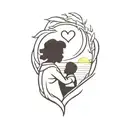 A traditional style tattoo of a mother and sons silhouette against a heart-shaped sunset tattoo design idea