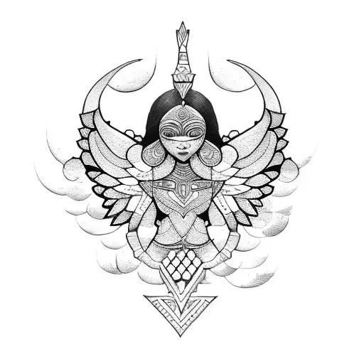A blackwork tattoo of an angelic figure with African tribal patterns incorporated tattoo design idea