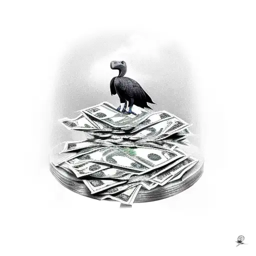 A vulture perched on a stack of cash with roses intertwined tattoo design idea