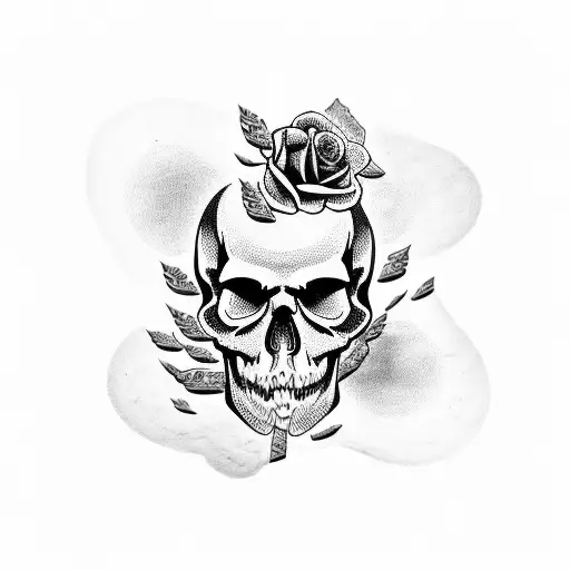 A skull made of money with vultures circling overhead and roses growing from its eyes tattoo design idea
