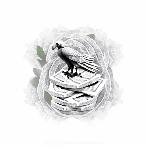 A vulture perched on a stack of cash with roses intertwined tattoo design idea
