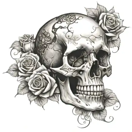 Create a realistic portrait of a skull surrounded by intricate roses on the forearm tattoo design idea
