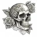 Create a realistic portrait of a skull surrounded by intricate roses on the forearm tattoo design idea