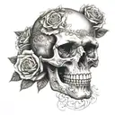 Create a realistic portrait of a skull surrounded by intricate roses on the forearm tattoo design idea