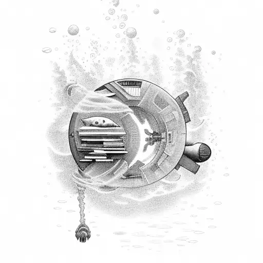 A bookshelf filled with sci-fi novels submerged underwater in the ocean tattoo design idea