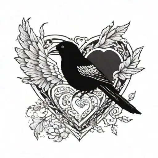 A heart locket with keyhole with crow on one side trying to get in and a magpie on the other side.  tattoo design idea