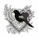 A heart locket with keyhole with crow on one side trying to get in and a magpie on the other side.  tattoo design idea