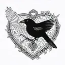 A heart locket with keyhole with crow on one side trying to get in and a magpie on the other side.  tattoo design idea