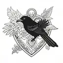 A heart locket with keyhole with crow on one side trying to get in and a magpie on the other side.  tattoo design idea