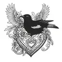 A heart locket with keyhole with crow on one side trying to get in and a magpie on the other side.  tattoo design idea