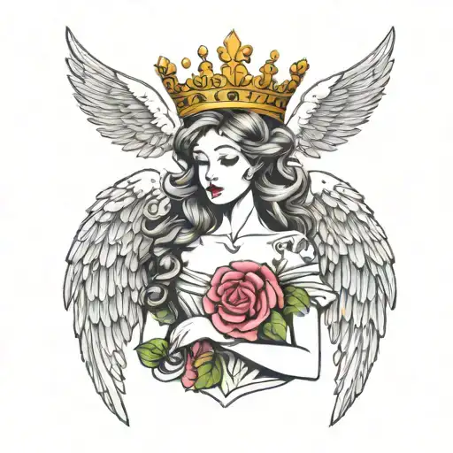 Angel wings holding a princess crown surrounded tattoo design idea